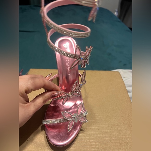 Pink Strappy Heels with Rhinestone Accents - Picture 7 of 9